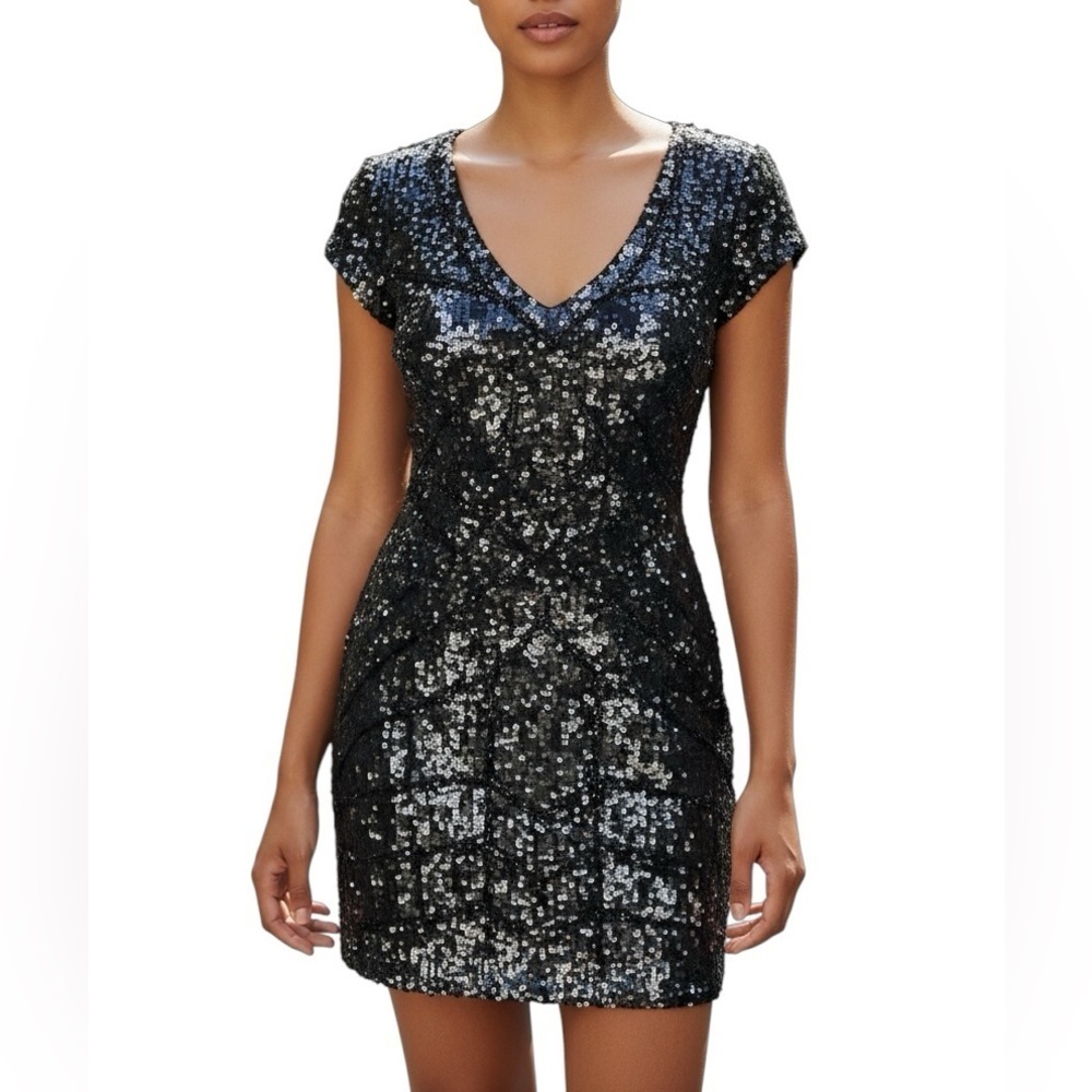 PARKER Black Sequin V-Neck Mini Dress